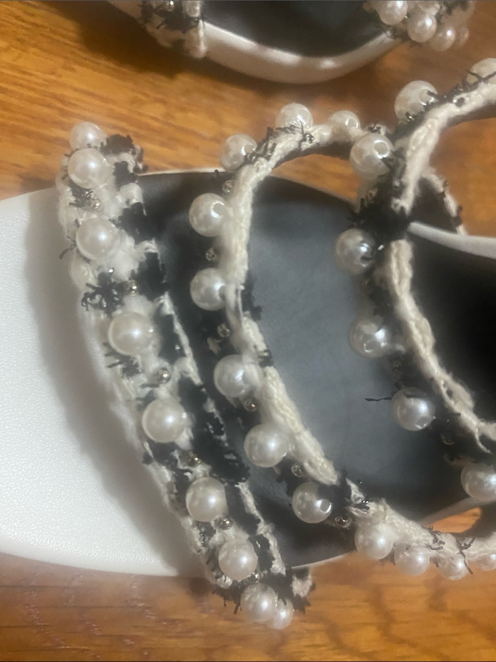 Karl Lagerfeld Black & White Pearl-Accented Tweed Strappy Heels - Picture 8 of 13